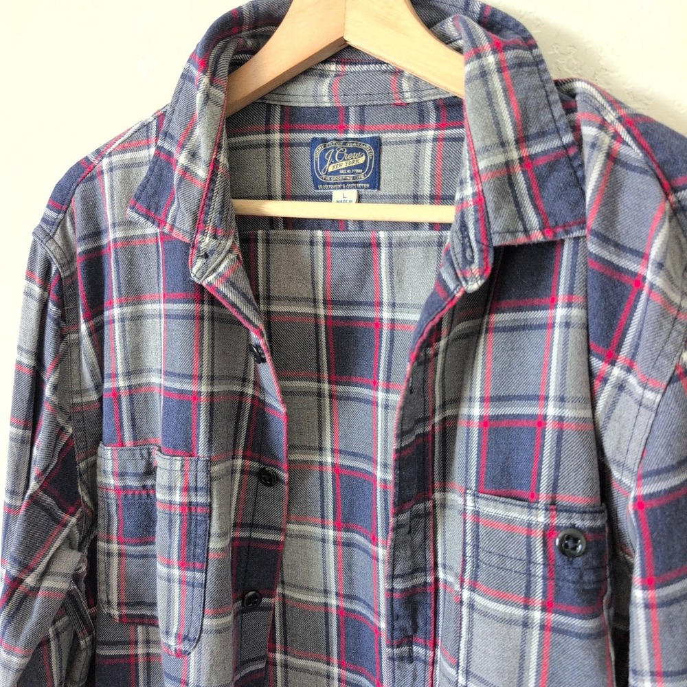 J. Crew New York Sporting Life Plaid Flannel Button Down Shirt Grey Navy L Field